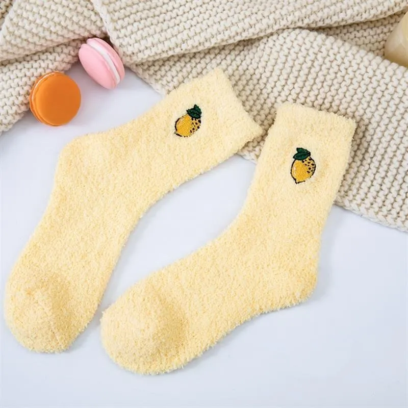 Plush Fruit Embroidered Crew Socks