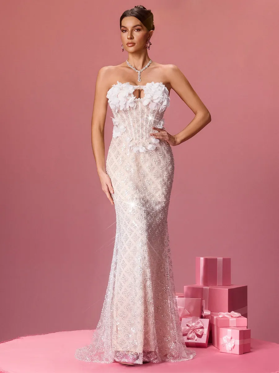 Alessandra Strapless Flower Sequin Maxi Dress