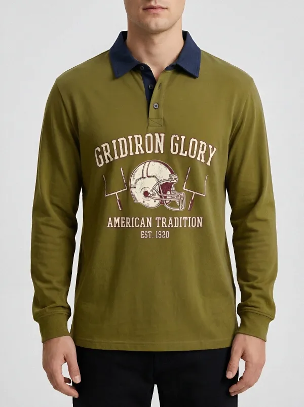 Men's American Football Gridiron Helmet Graphic Long Sleeve Polo Shirt