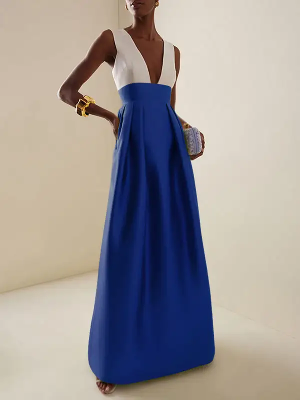 Deep Pleated Neck Maxi Dress