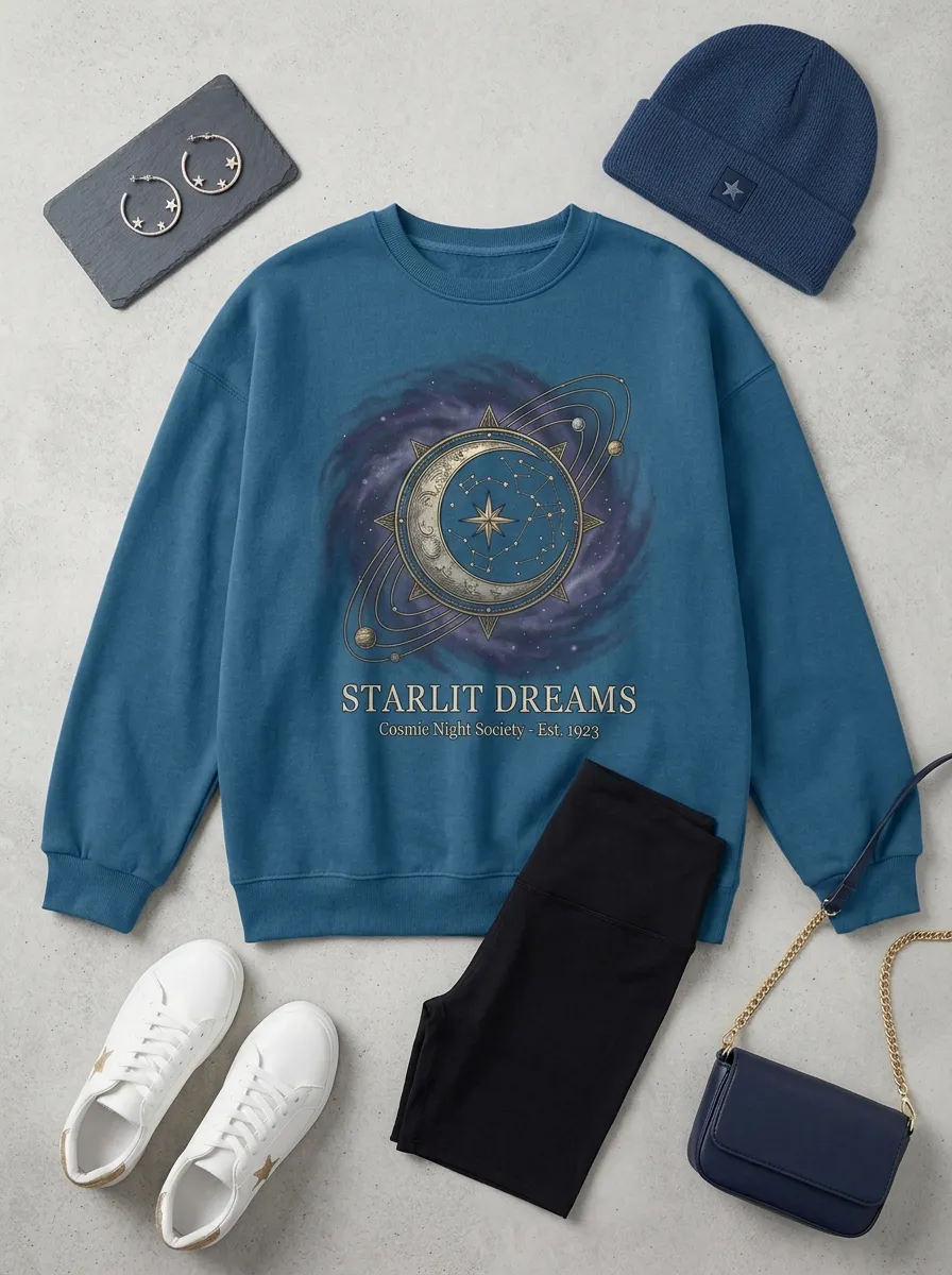 Women's Celestial Starlit Dreams Moon Constellation Printed T-shirt