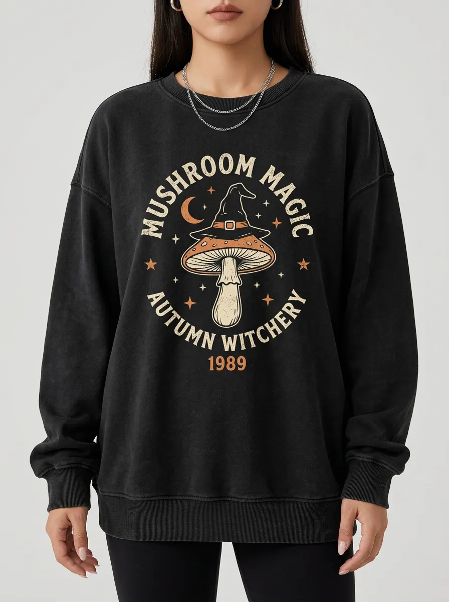 Women's Halloween Witchy Mushroom Magic Printed Sweatshirt