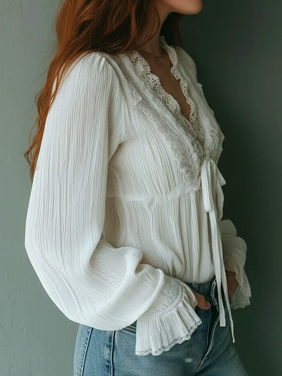 Boho Ruffled V-Neck White Pleated Lace Tie-Front Blouse