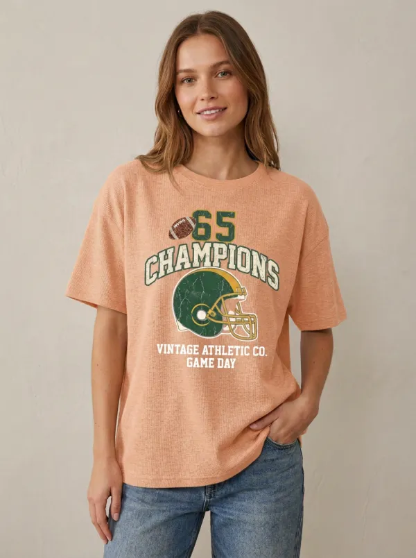 Women's Field Inspired Helmet Football Ball Crew Neck Graphic T-Shirt