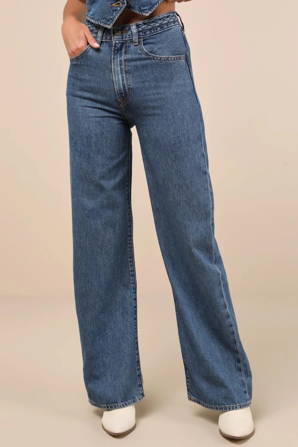 Daily Dark Wash Denim Braided Wide-Leg High-Rise Jeans