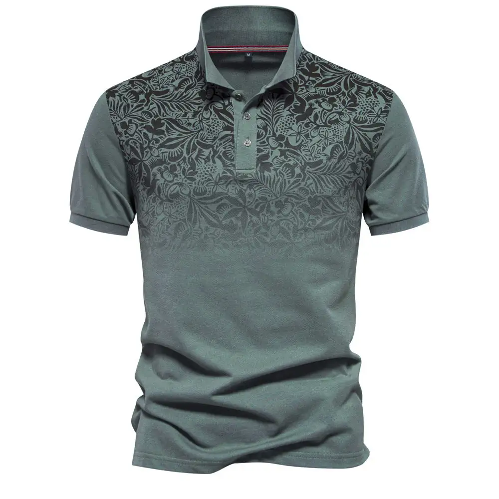 Men's Polo Shirt With Floral Gradient Pattern Classic Collar And Subtle Button Placket