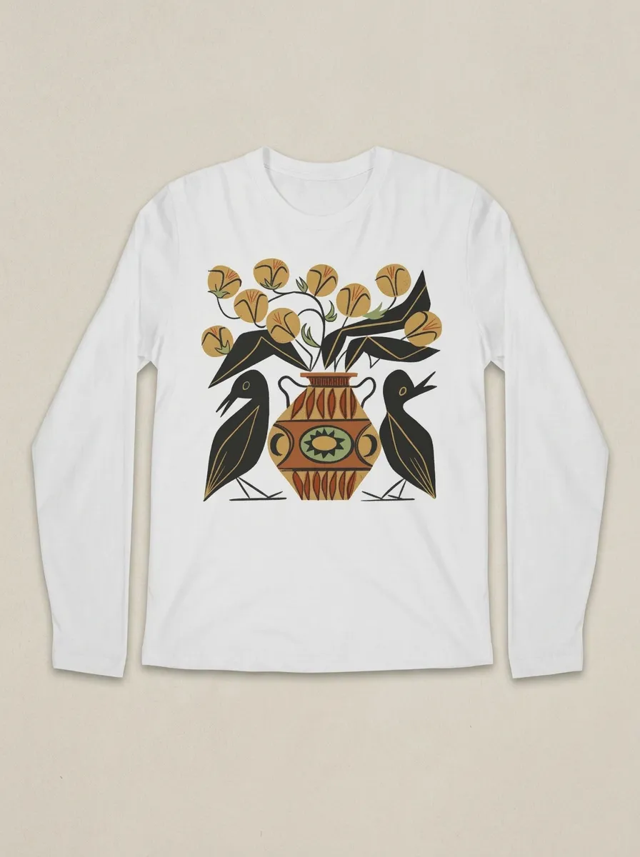 Unisex Folk Art Bird And Floral Vase Long Sleeve Shirt