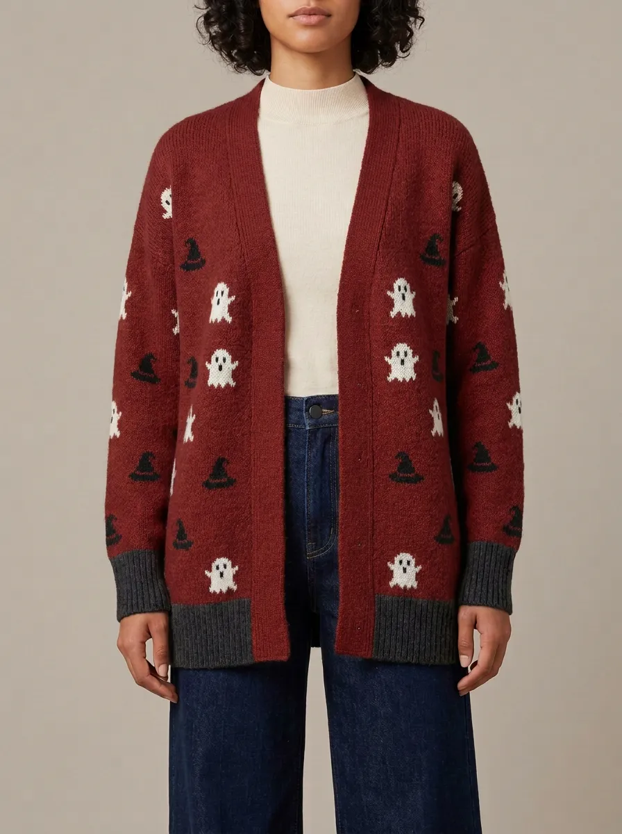 Women's Ghost and Witch Hat Halloween Knit Cardigan