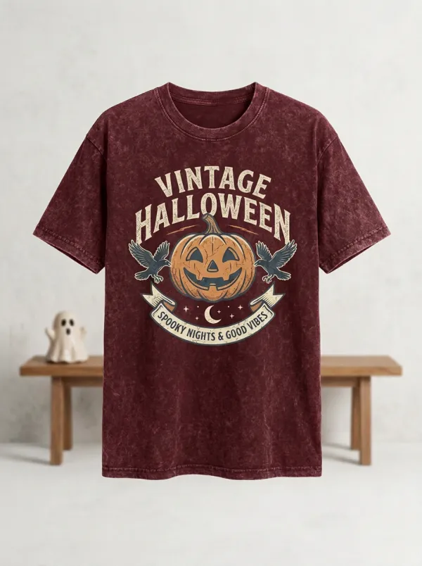Men's Vintage Halloween Pumpkin Raven Printed T-shirt