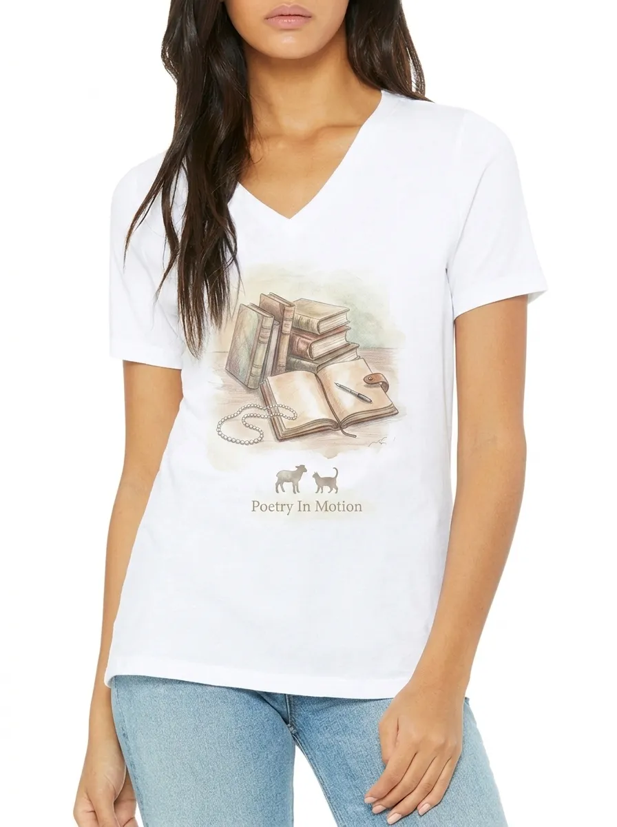 Women's Book Lover Poetry In Motion Printed V-neck T-shirt