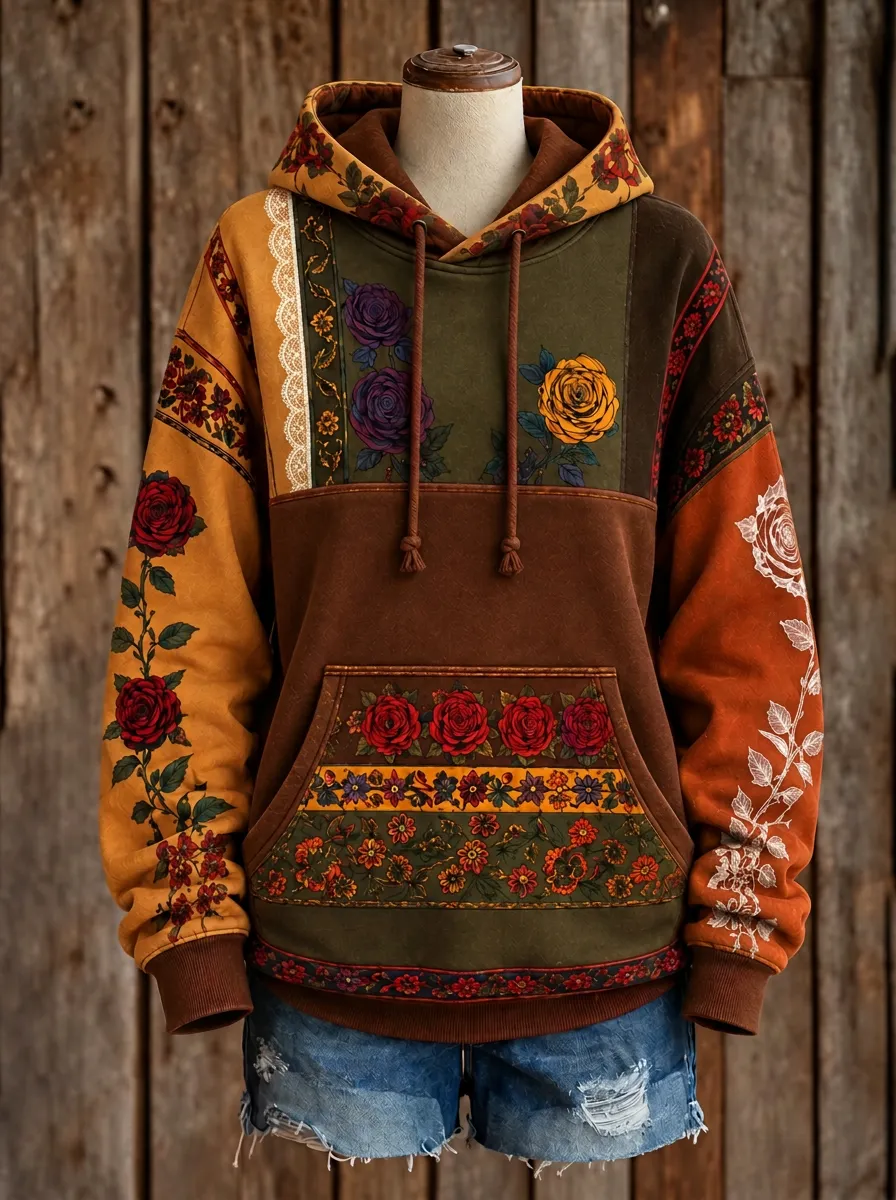 Women's Western Boho Rose Floral Patchwork Printed Hoodie