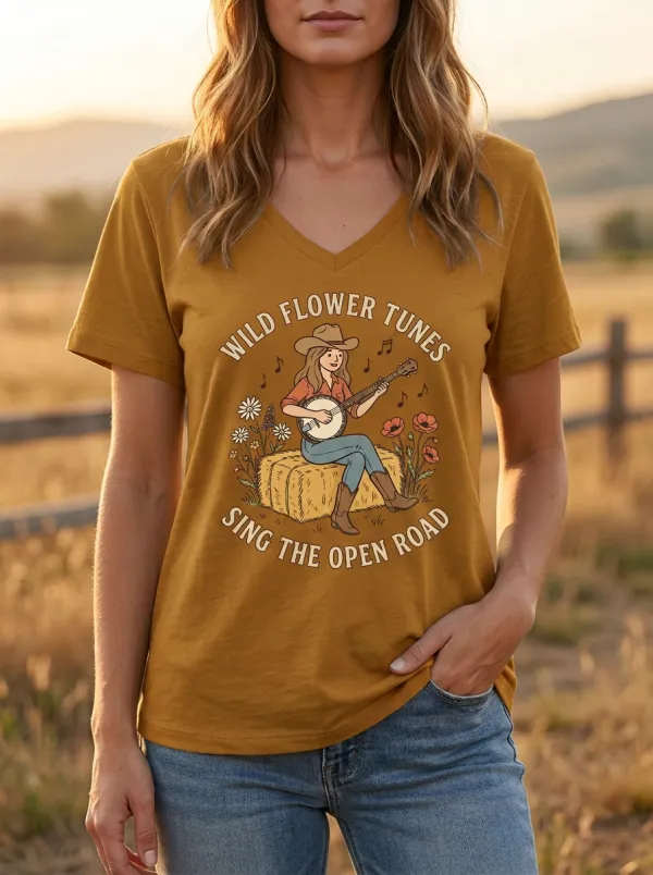 Roadhouse-Inspired Banjo Custom Country Music V-Neck T-Shirt