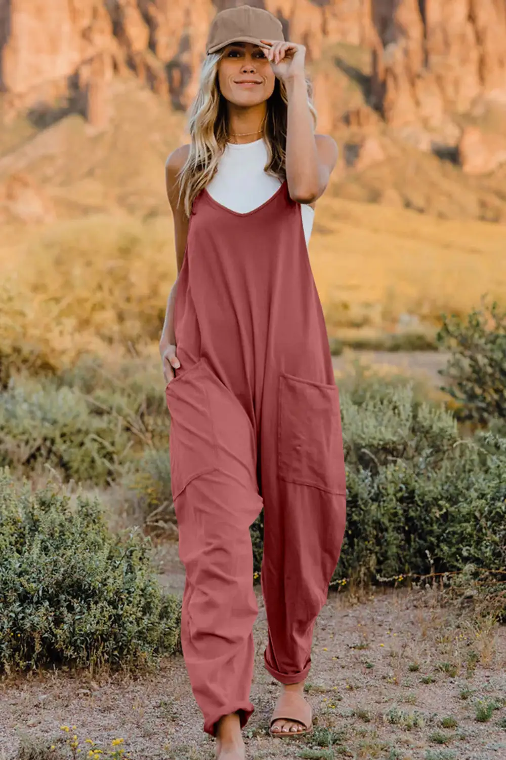 V Neck Sleeveless Pocket Jumpsuit