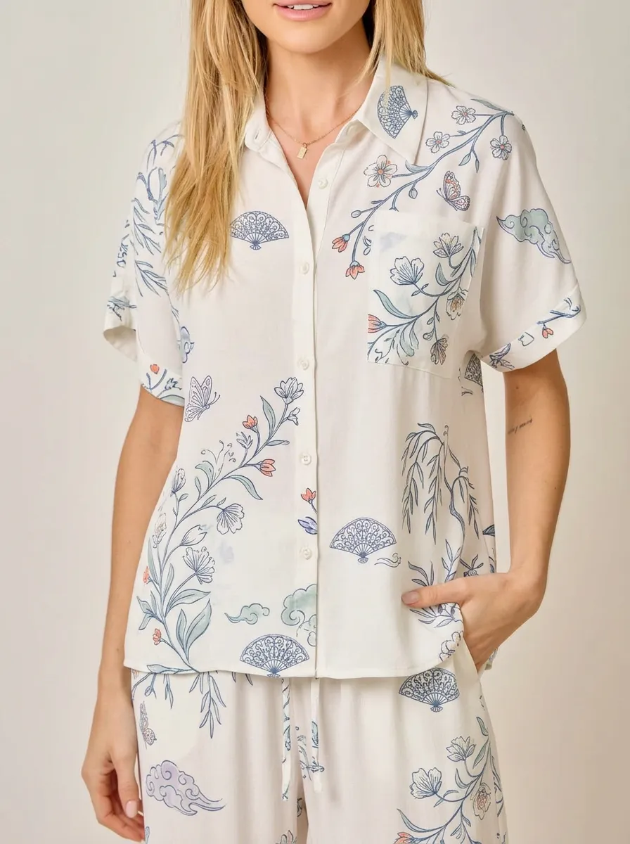 Women's Oriental Floral Fan Butterfly Printed Button-up Shirt
