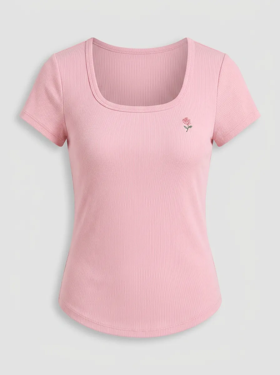 Women's Pink Rose Embroidered Ribbed Scoop Neck T-shirt