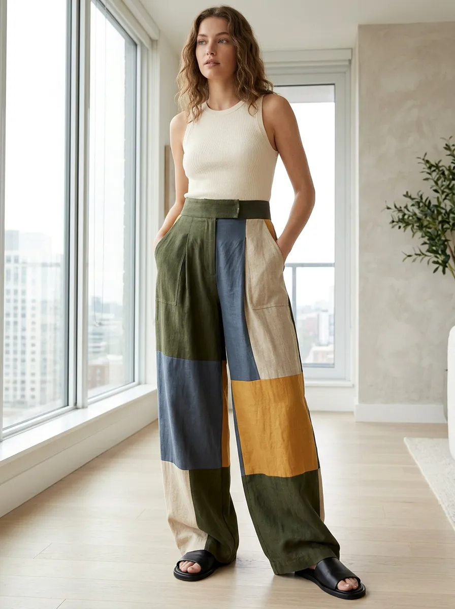 Women's Casual Style Colorblock Patchwork Printed Wide Leg Pants