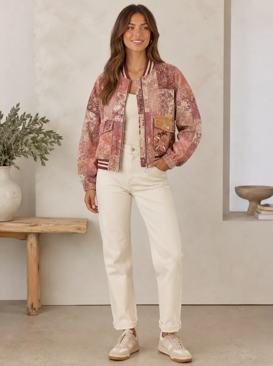 Women's Boho Patchwork Floral Ribbed Trim Bomber Jacket