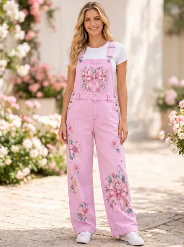 Women's Floral Ribbon Bow Romantic Printed Denim Overalls
