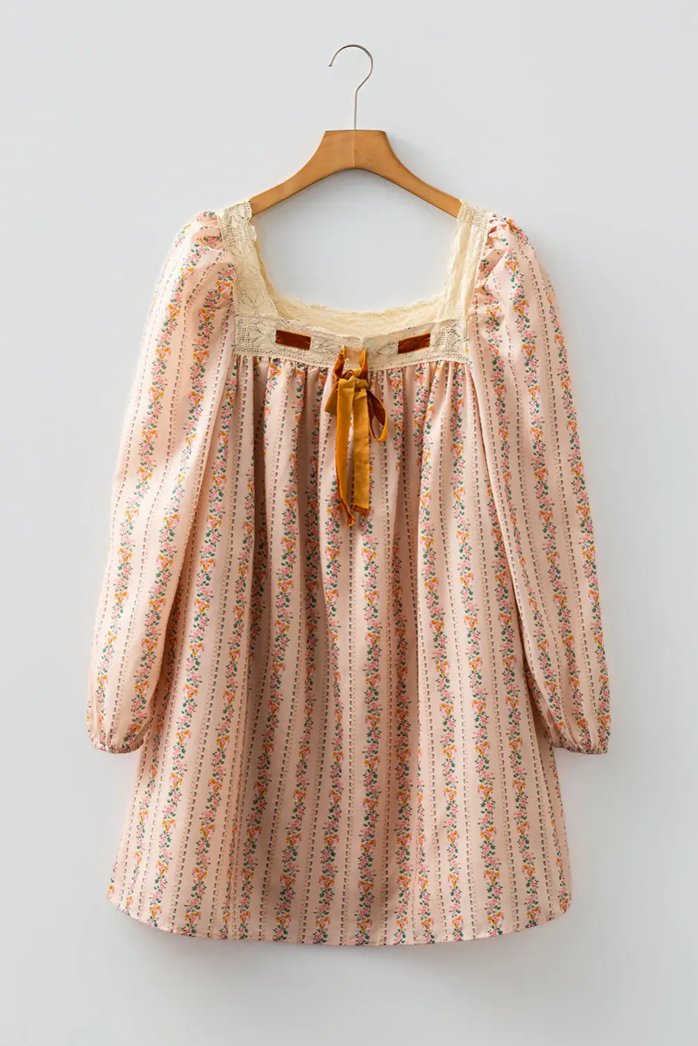 Floral Print Contrast Velvet Bow Lace Patchwork Long Sleeve Loose Mini Dress