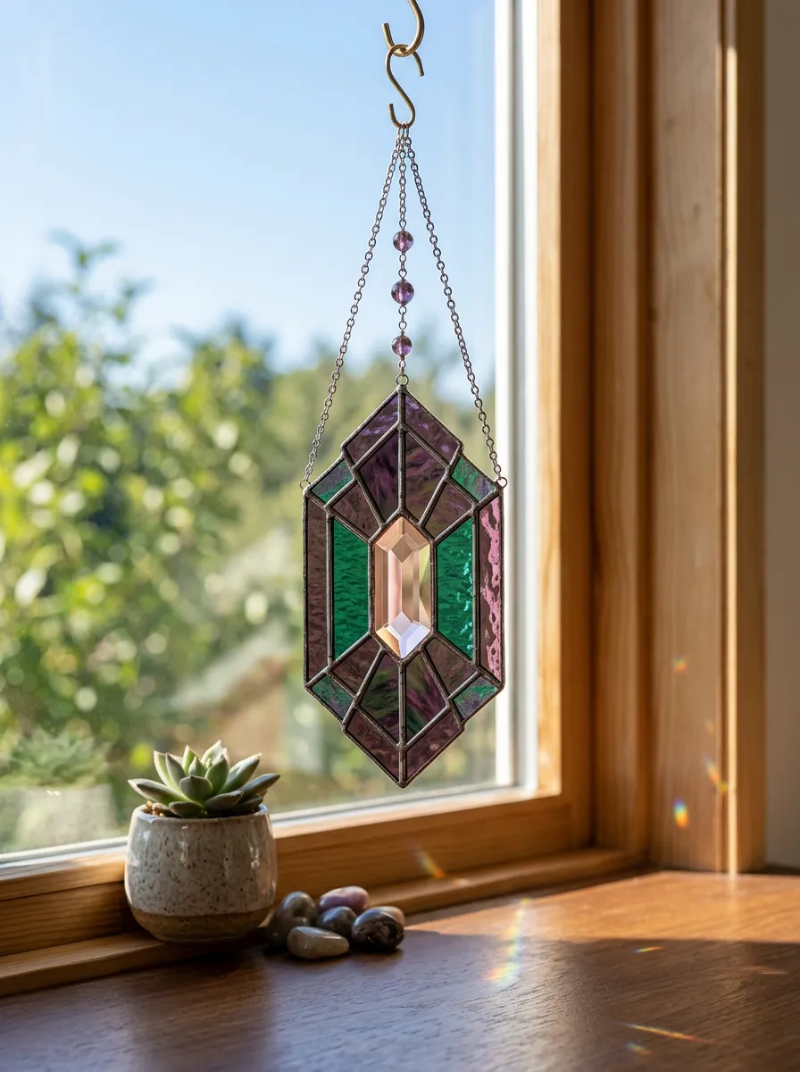 Geometric Purple Green Stained Glass Crystal Suncatcher