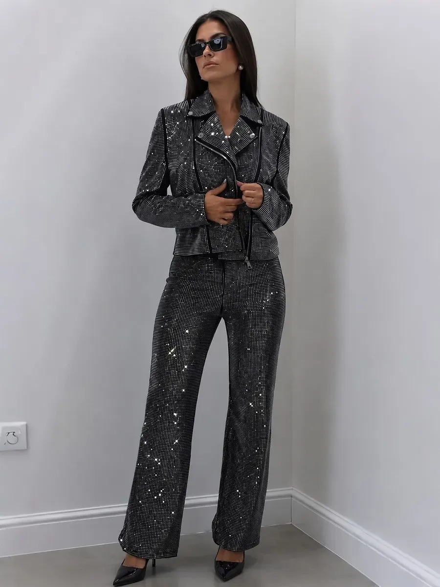 Arielle Rhinestone Embellished Moto Jacket & Pants Set