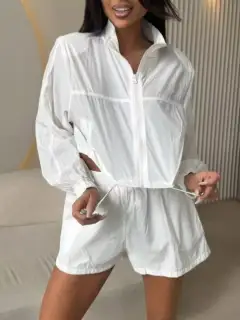 Relaxed Drawstring Zip-Detail Pocketed Top and Shorts Matching Set