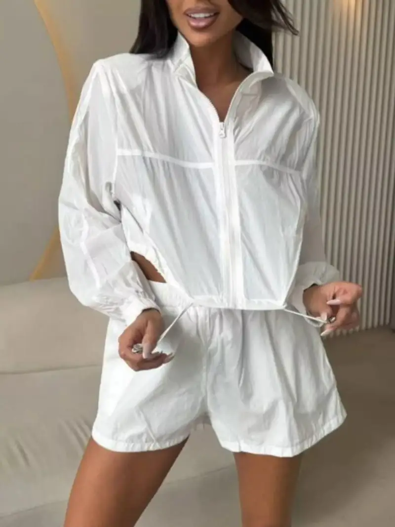 Relaxed Drawstring Zip-Detail Pocketed Top and Shorts Matching Set