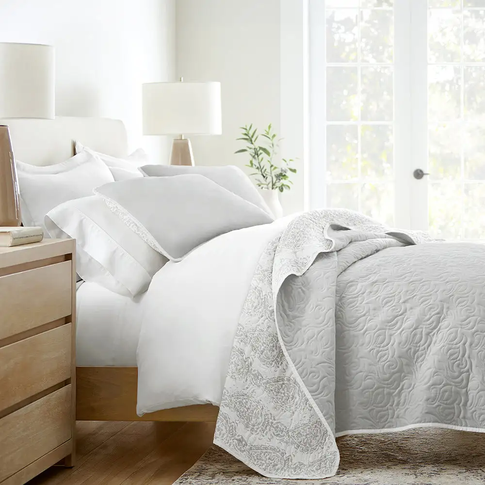 Distressed Damask Reversible Quilted Coverlet Set