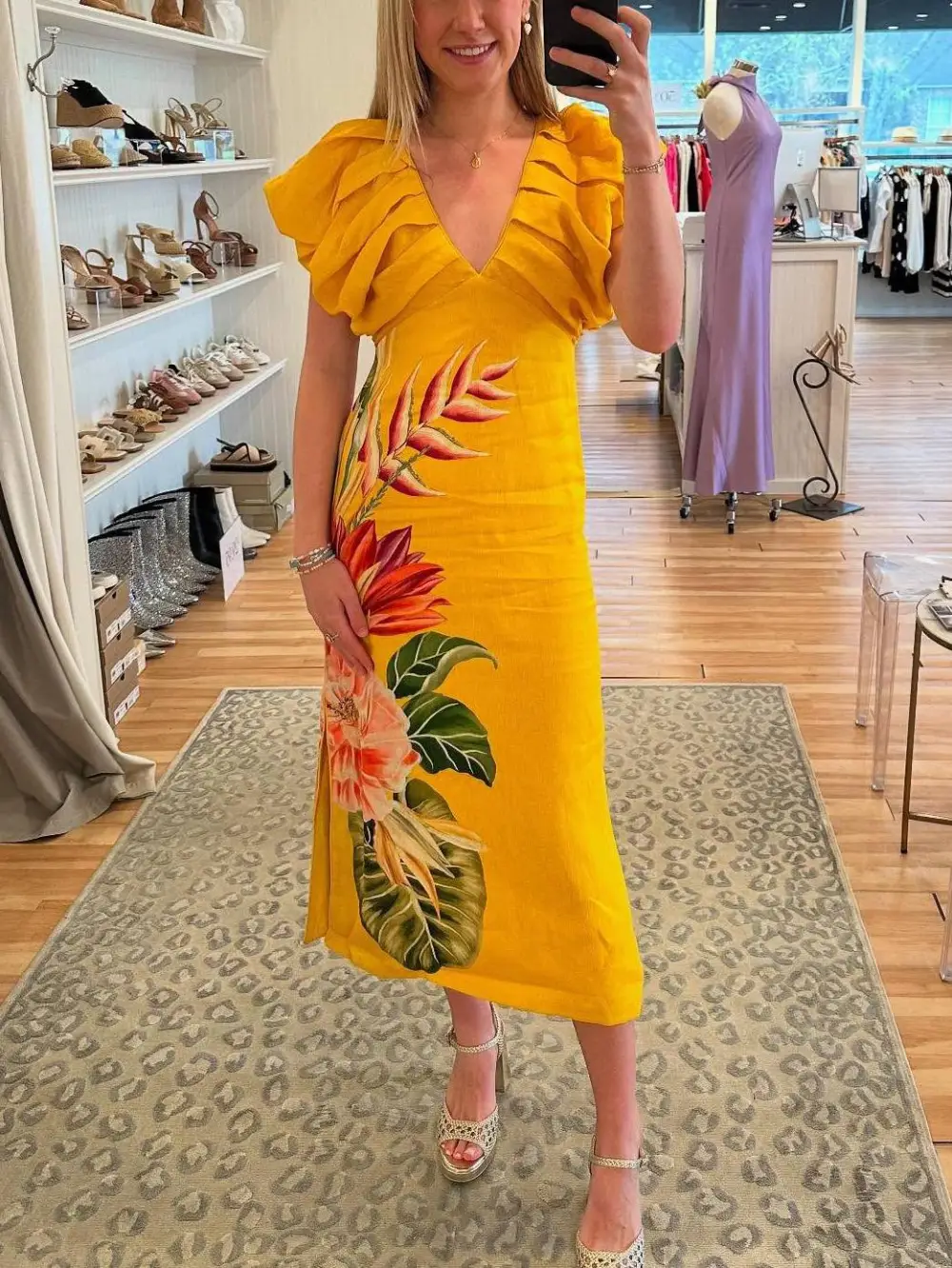 V Neck Pleated Print Midi Dress