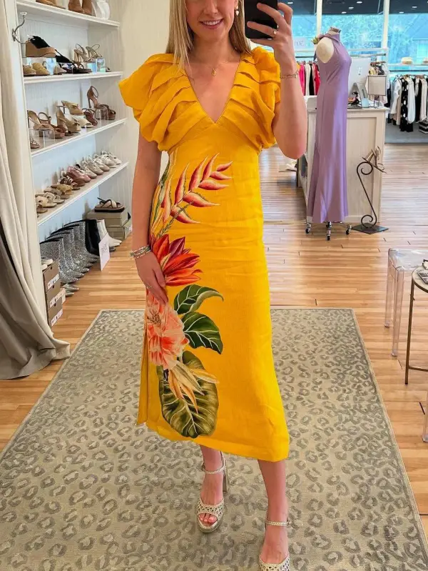 V Neck Pleated Print Midi Dress