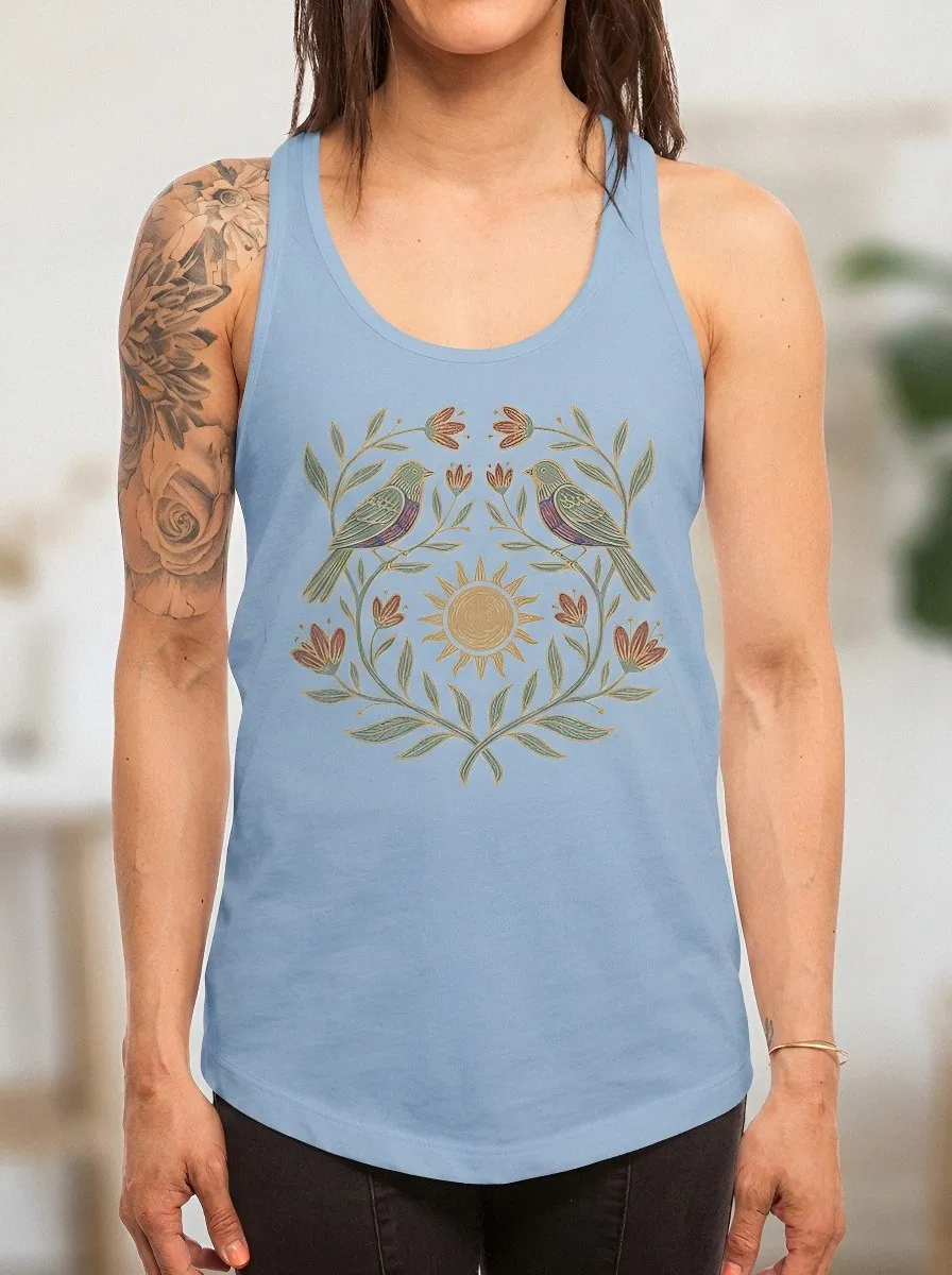 Women's Nature Lover Sun Birds Floral Printed Tank Top