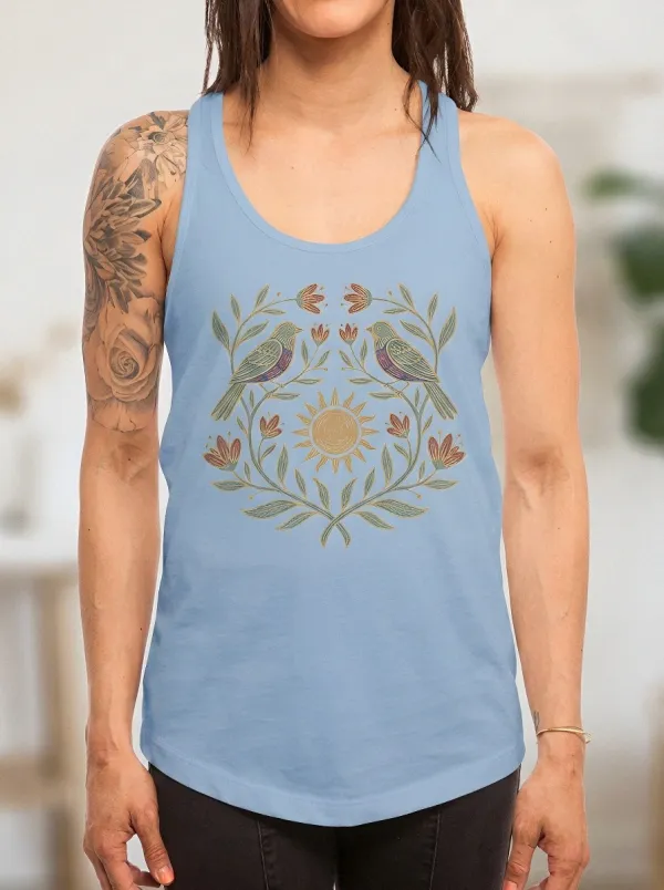 Women's Nature Lover Sun Birds Floral Printed Tank Top