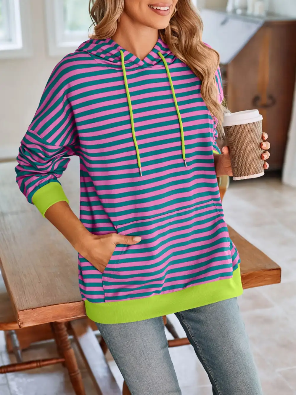 Drawstring Long-Sleeve Striped Hoodie