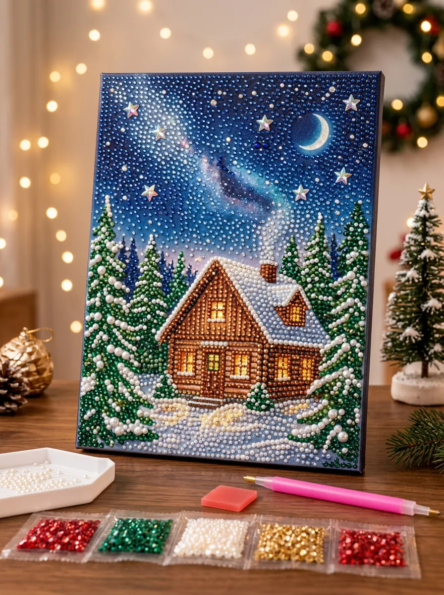 Winter Cabin Starry Night Christmas DIY Diamond Painting Kit