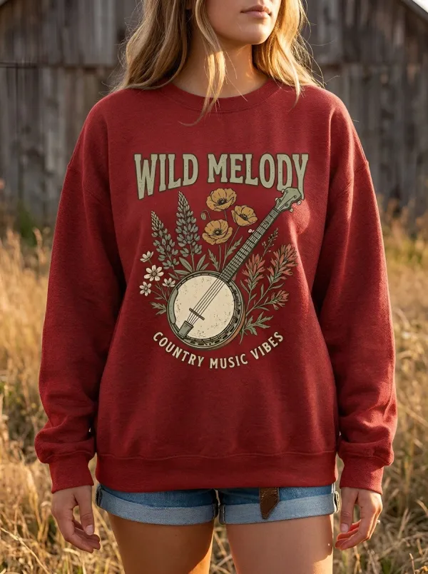 Country Music Banjo Floral Wild Melody Crew Neck Sweatshirt