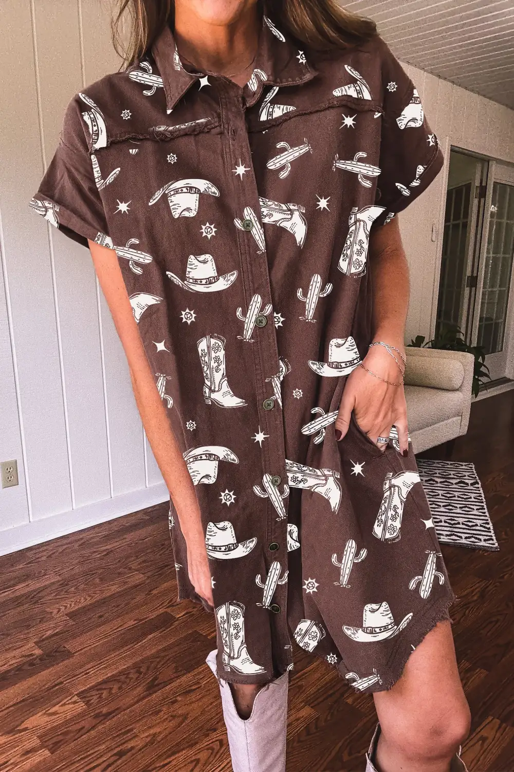 Cowgirl Hats Boots Cactus Print Raw Edge Button Down Short Denim Dress