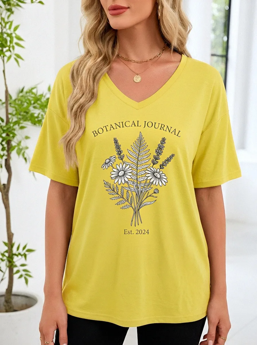 Women's Botanical Journal Wildflower Bouquet Printed V-Neck T-Shirt