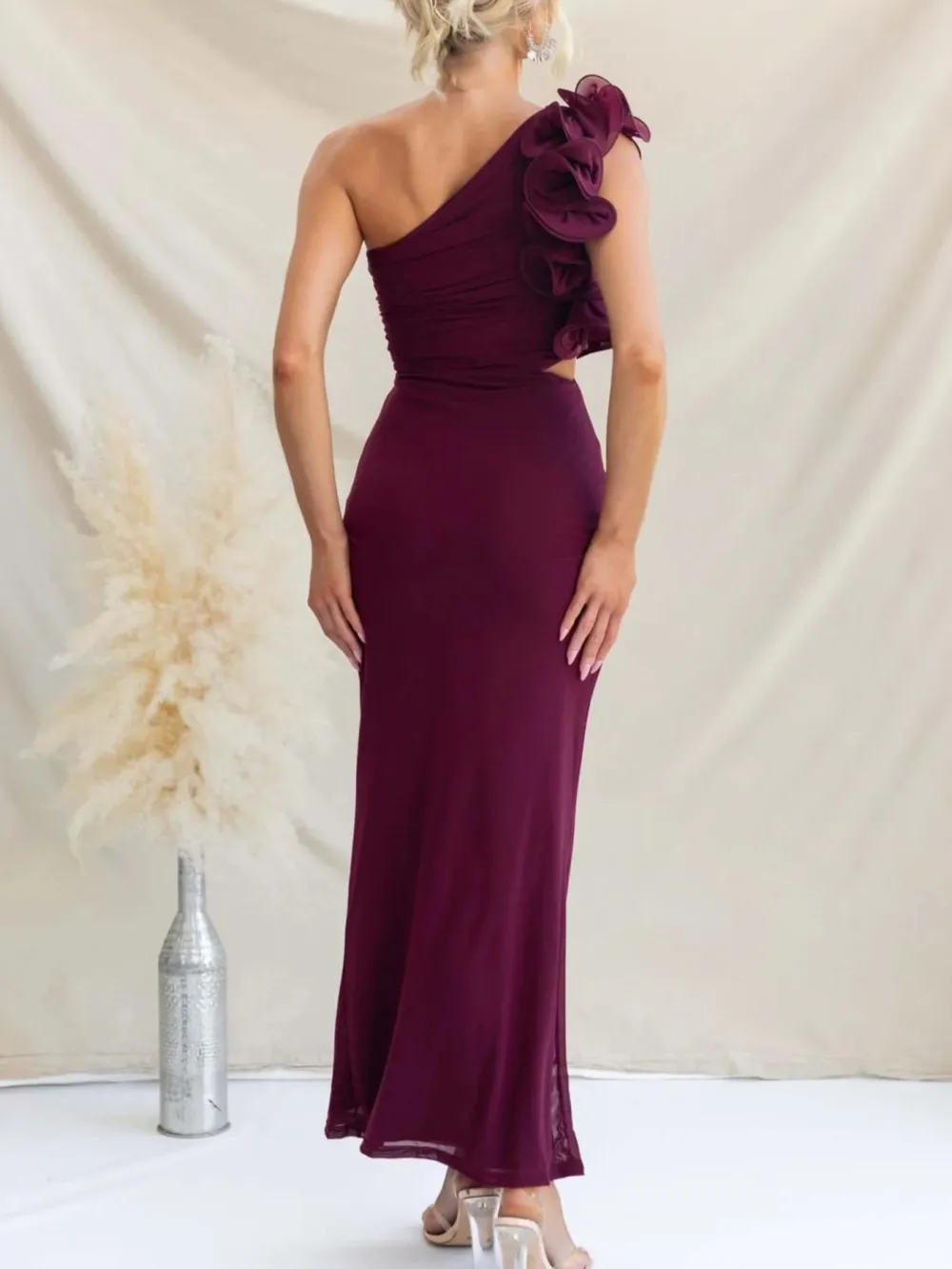 Ruched One-Shoulder Sleeveless Floral Maxi Dress