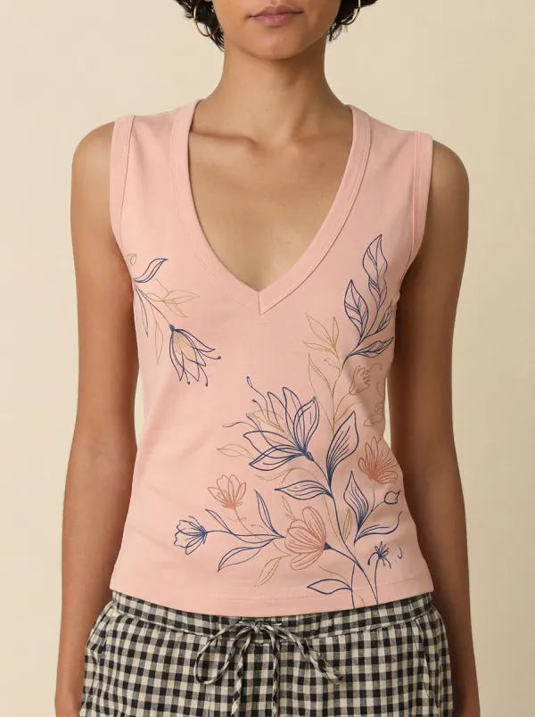 Women's Botanical Floral Line Art Printed V-neck Tank Top