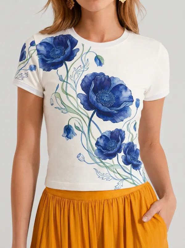 Women's Floral Lover Blue Poppy Watercolor Printed T-shirt