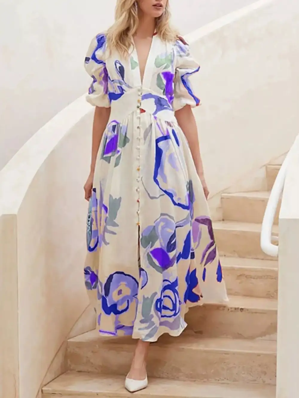 Full Size Abstract Puff Sleeve Midi Dress Plus Size