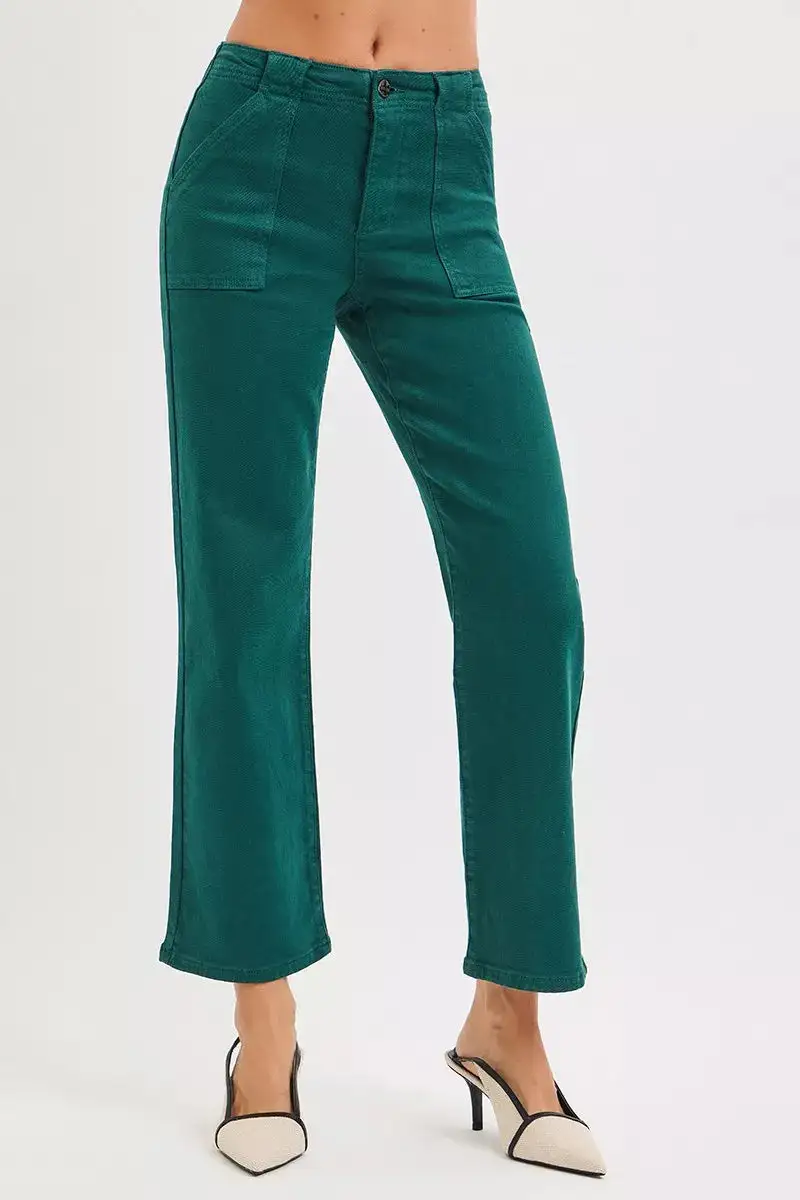 High Rise Ankle Flare Patch Pocket Jeans