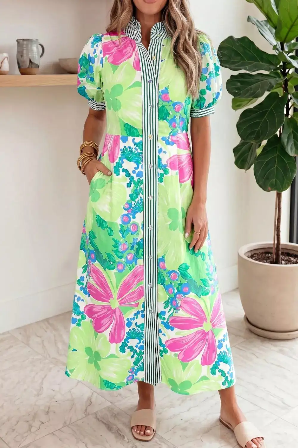 Button-Up Midi Dress with Puff Sleeves