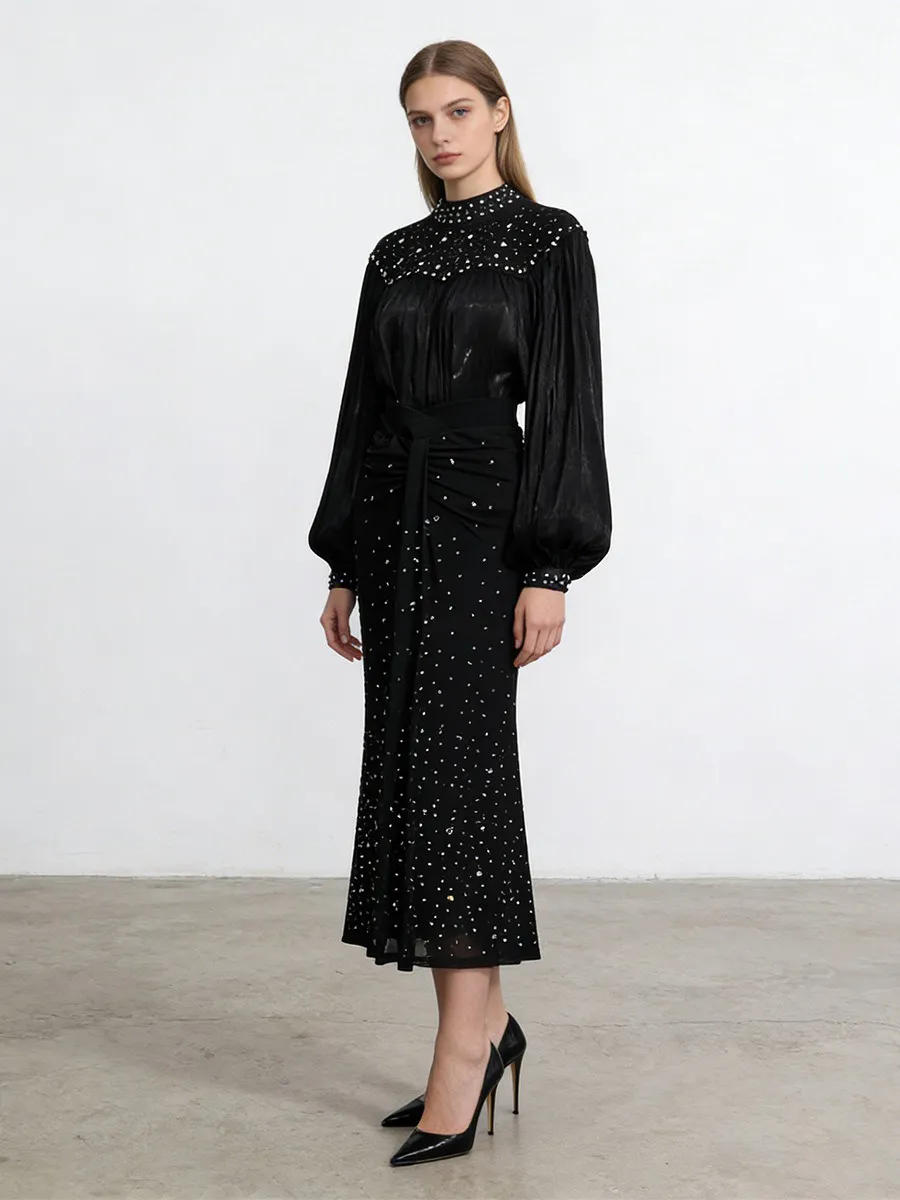 Isadora Mesh Lantern Sleeve Rhinestone Two Piece Set
