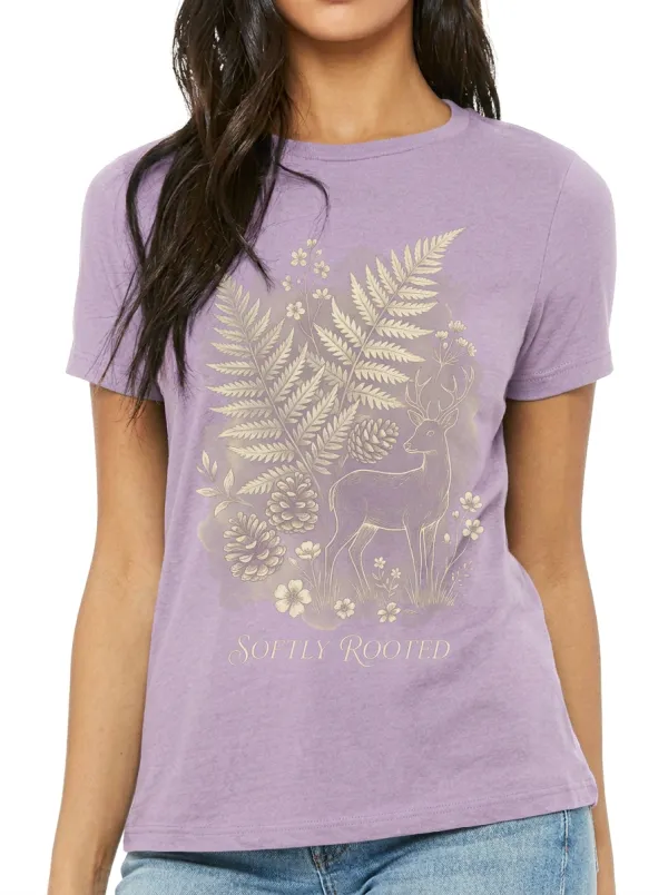 Women's Nature Lover Softly Rooted Deer Fern Pinecone Printed T-shirt