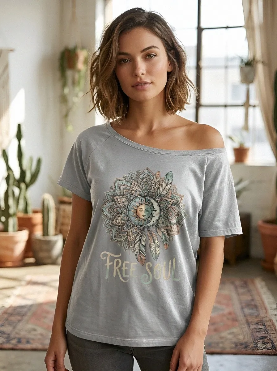 Women's Boho Free Soul Sun Moon Mandala Printed T-shirt