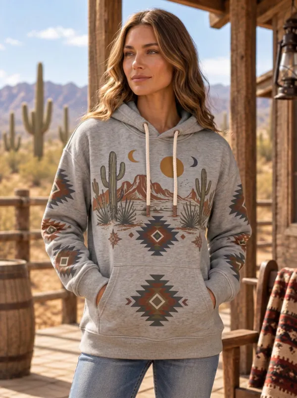 Women's Western Oatmeal Desert Graphic Print Hoodie