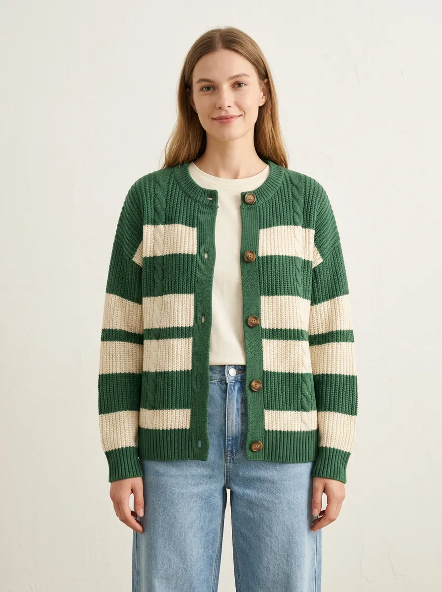 Rugby Striped Cable Knit Cardigan