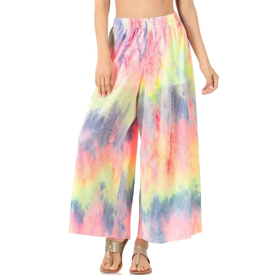 Tie Dye Ribbed Wide Leg Pants with Lining Elastic Waistband