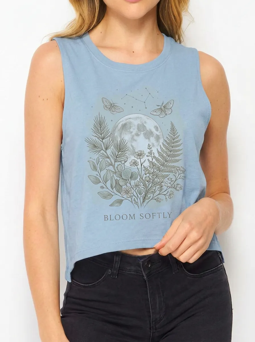 Women's Celestial Botanical Moon Moth Printed Crop Tank Top
